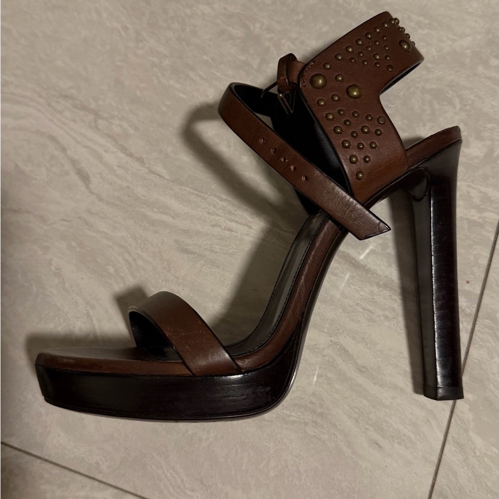 Saint Laurent Brown Leather Studded Platform Heel Sandal - Picture 5 of 11